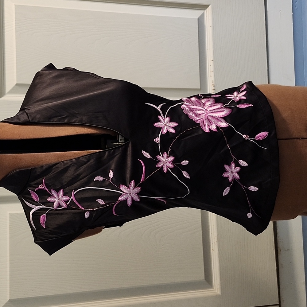Jane Norman black satin embroidered shirt with Mandarin neckline
